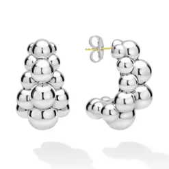 Silver Three Row Beaded Hoop Earrings