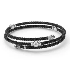 Black Ceramic Beaded Silver Station Double Wrap Bracelet